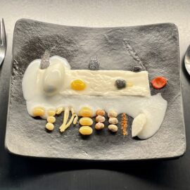 Réplica de un plato con distintas texturas de soja exhibido en el museo elBulli1846.